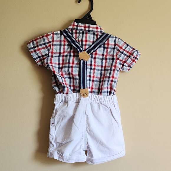 Little Lad /Boy's Suspender White Shorts Pocket With Crab 🦀Plaid Shirt Size 24M - Picture 4 of 6